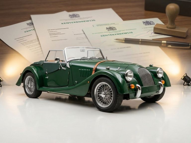 Klassieke Morgan sportwagen in British racing green met Nederlandse kentekenpapieren op achtergrond