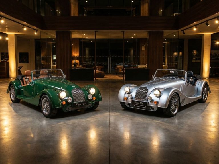 Twee Morgan sportwagens in luxe showroom: groene Plus Four en zilveren Plus Six met retro-modern design en leren interieur