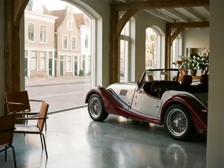 Morgan sportwagen met klassieke spaakwielen in elegante Nederlandse showroom met gepolijste betonvloeren en natuurlijk licht