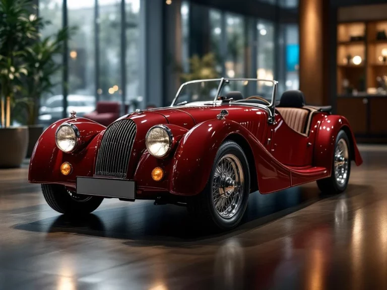 Klassieke Britse Morgan sportwagen met houten frame en leren interieur in luxe showroom met dramatische verlichting