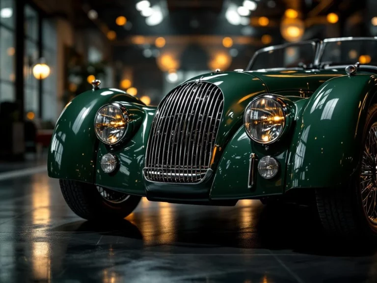 Klassieke Morgan sportwagen in British racing green met vintage grille en chromen details in luxe showroom