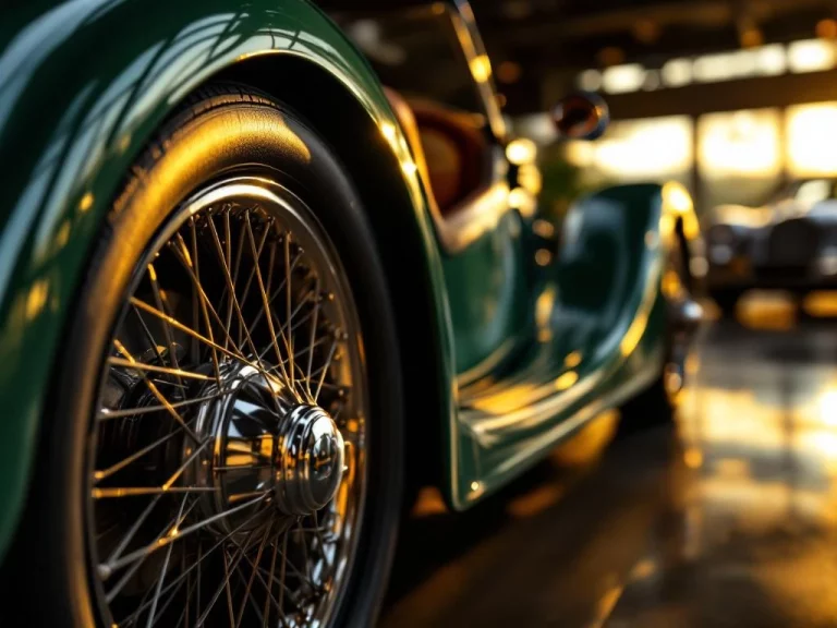 Morgan sportwagen close-up met draadspaakwiel en groene lak in gouden zonlicht, leren interieur zichtbaar