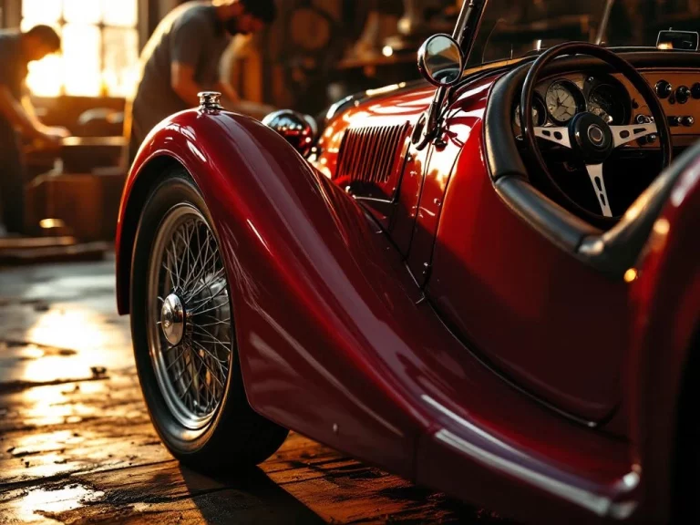 Klassieke Britse Morgan sportwagen met draadspaken wiel en leren interieur, ambachtelijke details in gouden licht