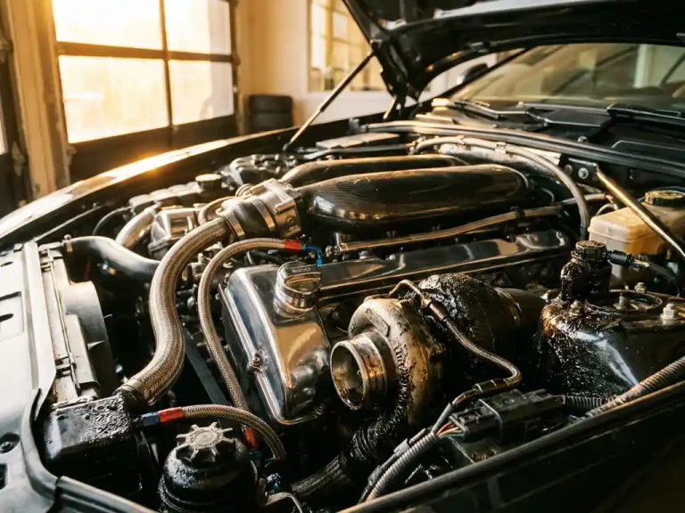 Luxe auto-motorruimte met dikke zwarte olieslib op chromen onderdelen, zonlicht door garageraam