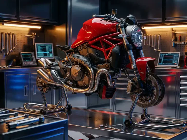 Beschadigde rode sportmotor motor met gebarsten behuizing en gebogen uitlaat in professionele garage werkplaats