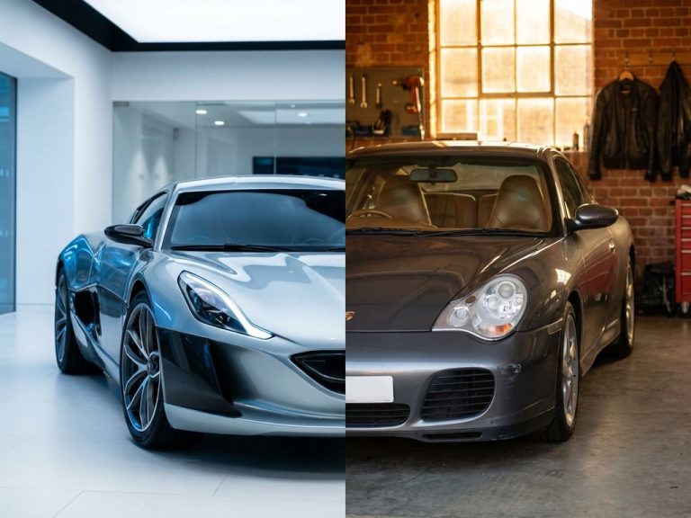 Nieuwe supercar links naast gebruikte supercar rechts in split-screen compositie met blauw en amber licht