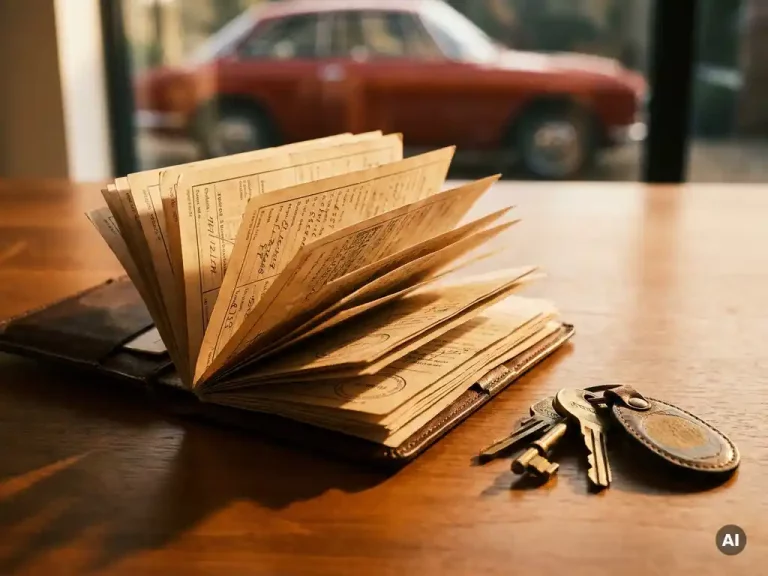 Opengeslagen leren documentenmap met vintage autosleutels en voertuigpapieren op gepolijst hout, klassieke sportwagen op de achtergrond.