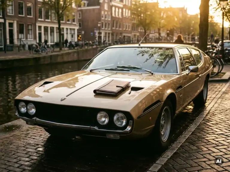 Glanzende vintage Lamborghini op Amsterdamse klinkerstraatjes bij grachten, met leren documentmap en pen op de motorkap in gouden middaglicht.