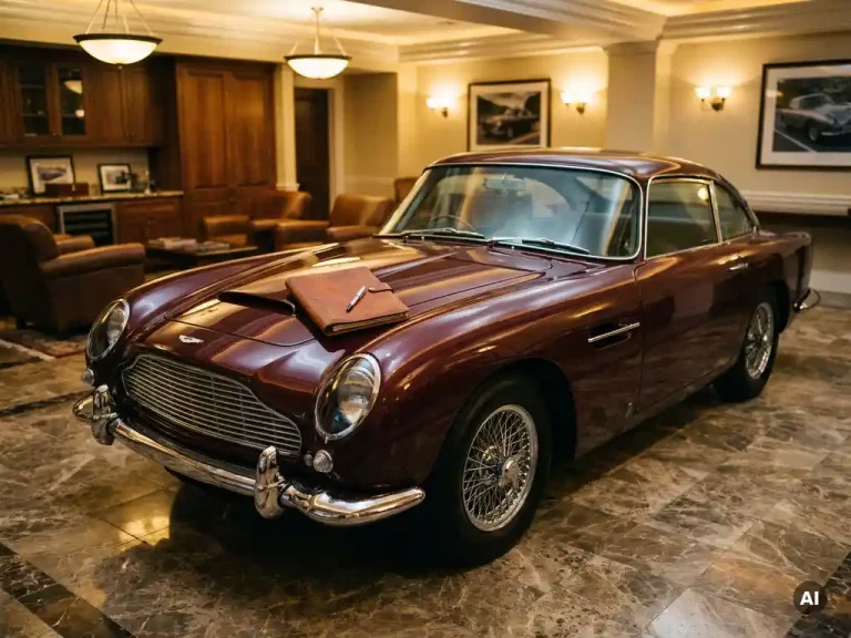 Bordeauxrode vintage sportwagen op marmeren vloer in privégarage, met leren documentmap en pen op de motorkap.