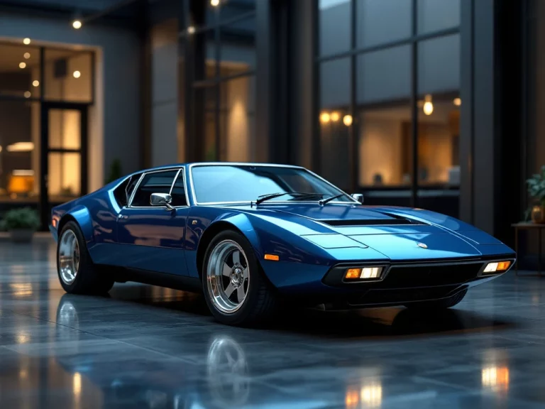Blauwe De Tomaso Pantera sportwagen in luxe showroom met glanzende betonvloer en warme verlichting