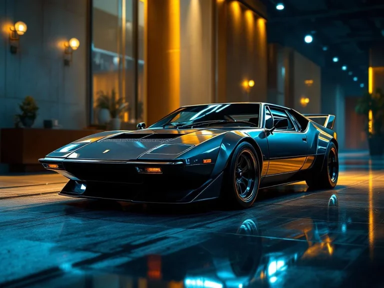 De Tomaso Pantera sportwagen in showroom met dramatische verlichting en glanzende metallic lak