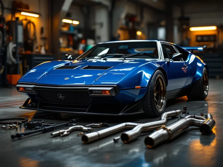 Blauwe De Tomaso Pantera sportwagen in luxe garage met tuning onderdelen en chromen details