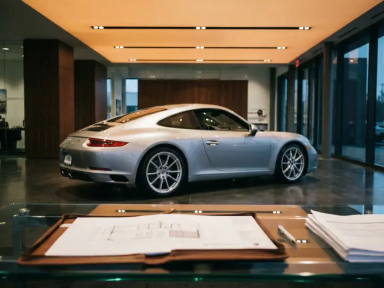 Zilveren Porsche 911 in moderne showroom met glazen bureau vol financiële documenten en luxe pen op voorgrond