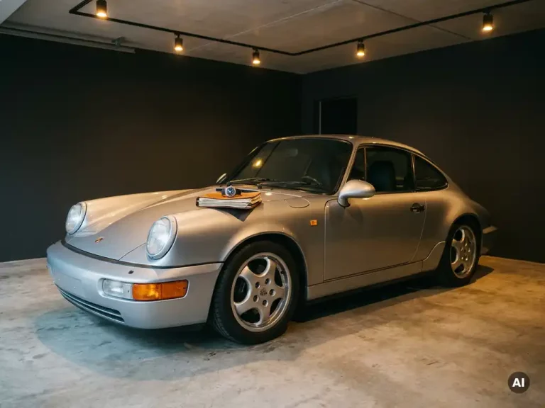 Zilveren Porsche 911 uit de jaren 90 in minimalistische privégarage, met financiële documenten en vintage chronograaf op de motorkap.
