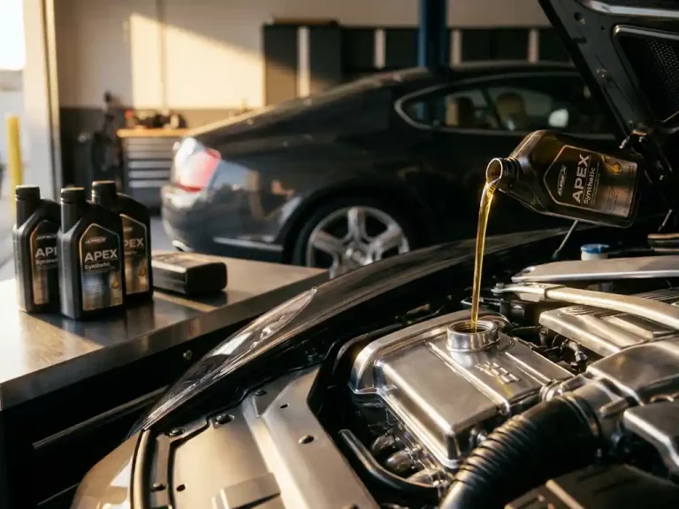 Gouden motorolie stroomt uit premium fles in glanzende motorblok, synthetische olie containers op werkbank in luxe garage