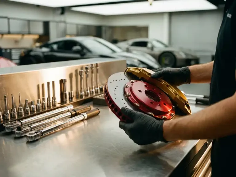 Rode remschijf met gouden remklauwen wordt geïnspecteerd door gehandschoende handen in luxe garage met gereedschap op werkbank