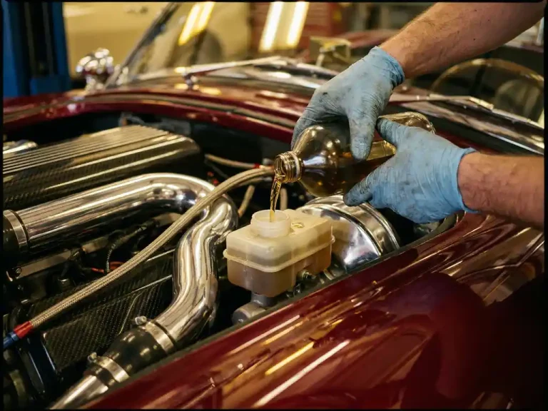 Monteur giet gouden remvloeistof uit fles in reservoir van rode sportwagen motorruimte met chromen onderdelen