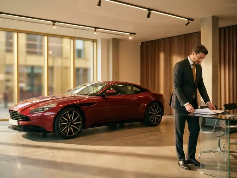 Rode sportwagen in luxe showroom met zakenman die financiële documenten bestudeert aan glazen bureau