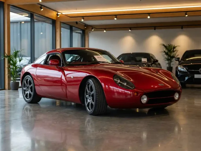 Rode TVR sportwagen in moderne showroom met glanzende betonvloer en zachte verlichting op chroom details