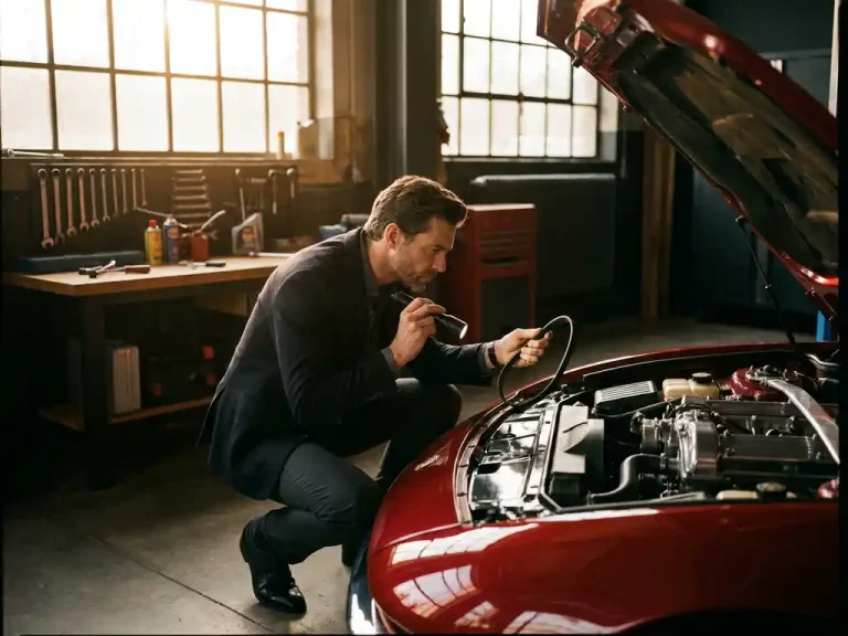 Rode sportwagen met open motorkap in luxe garage, eigenaar inspecteert motor terwijl gereedschap op werkbank ligt