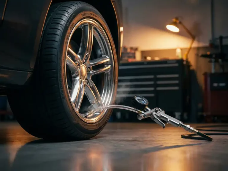 Professionele stikstofvulling van sportwagenwiel met chromen velg in luxe garage met gepolijste betonvloer