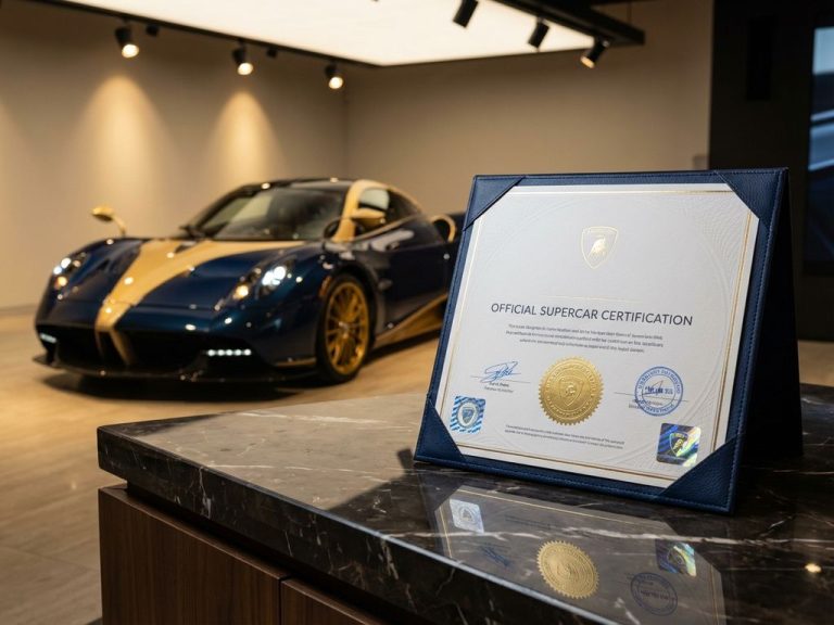 Officieel supercarcertificaat met stempels en zegels op marmeren oppervlak, luxe sportwagen op achtergrond