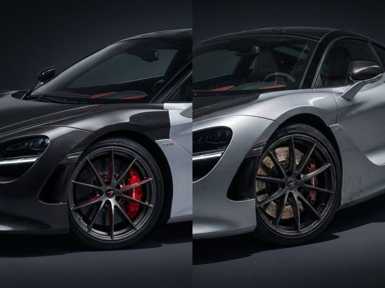 Supercar gesplitst beeld: nieuwe glanzende carrosserie tegenover gebruikte raceversie met versleten remmen en wielen