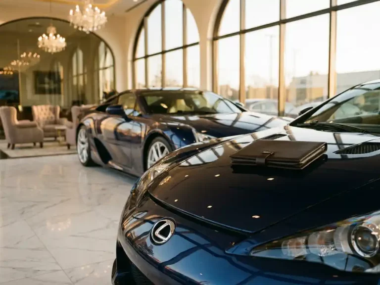 Donkerblauwe limited edition supercar in luxe showroom met leren portfolio op motorkap, gouden licht door ramen