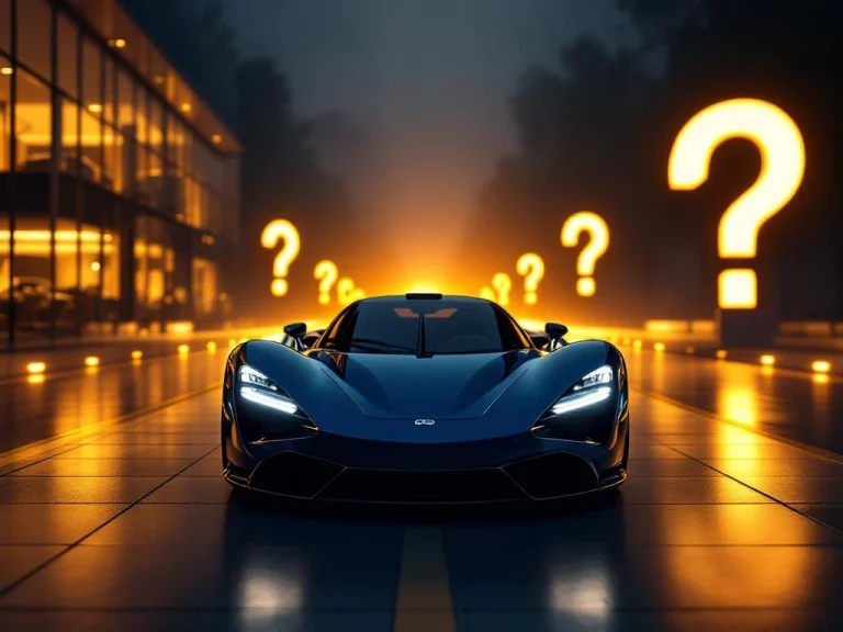 Supercar bij kruispunt tussen verlichte luxe autodealer en donkere onzekere weg, dramatische keuze in blauw en goud