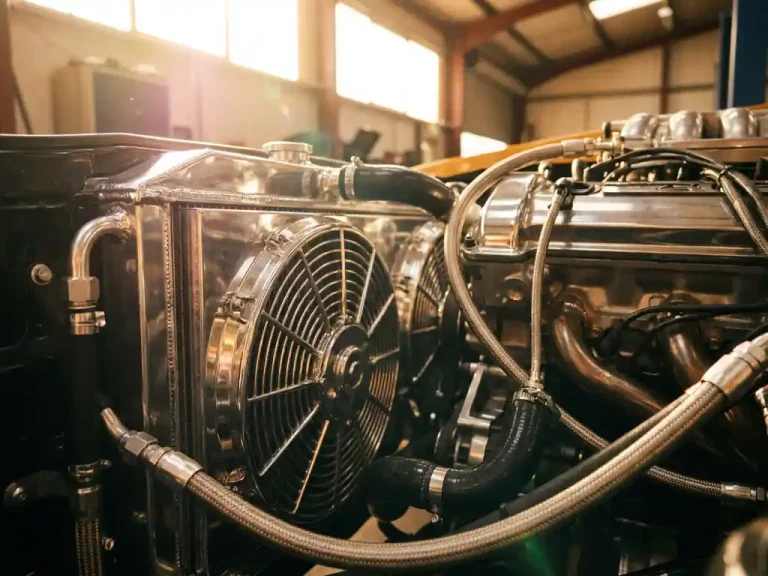 Chrome radiator en koelventilator van supercar motor met aluminiumlamellen in gouden werkplaatsverlichting