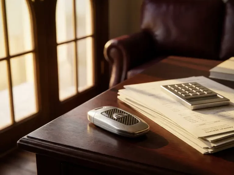 Metallic autosleutel op mahonie bureau naast financiële documenten en calculator in luxe kantoor met gouden licht