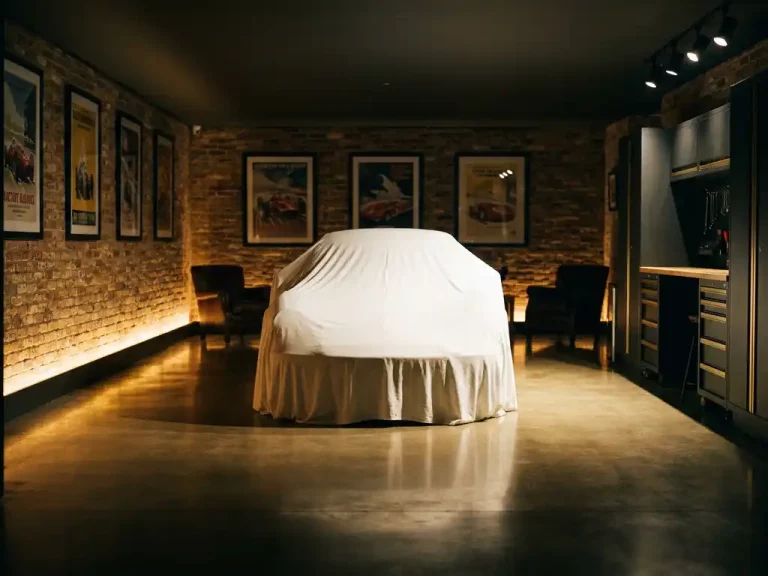 Zeldzame supercar onder witte doek in exclusieve privégarage met gepolijste betonvloeren en bakstenen muren