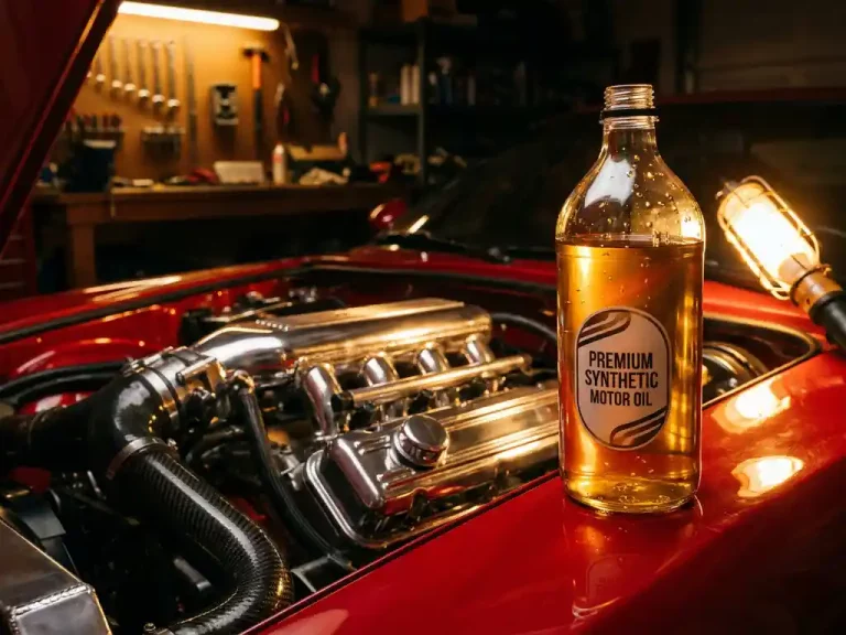Premium synthetische motorolie fles naast glanzende rode sportwagenmotor met gouden oliedruppels en chromen onderdelen