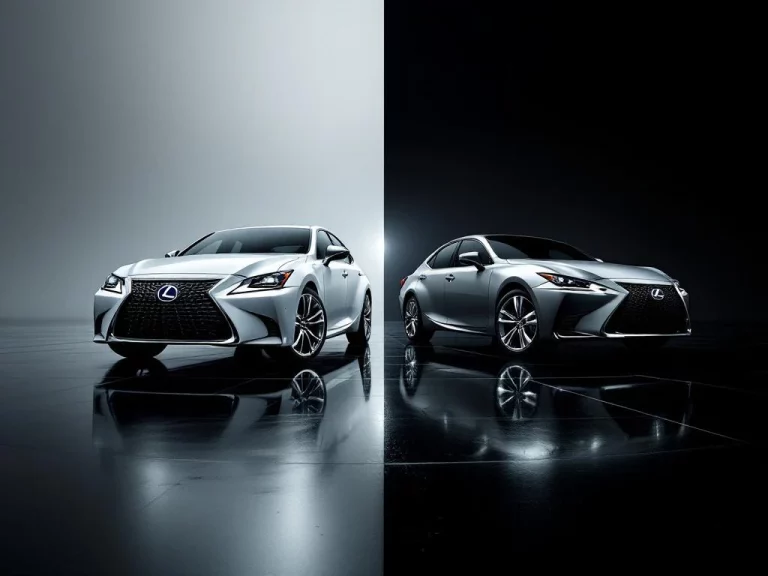 Witte Lexus luxe sedan en zilveren Toyota sedan zij aan zij op glanzende zwarte ondergrond met dramatische studiobelichting
