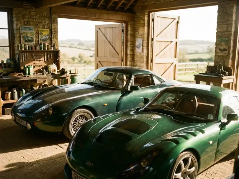 Twee TVR sportwagens, moderne groene en klassieke Griffith uit jaren 90, geparkeerd in Britse plattelandsgarage bij gouden uurtje