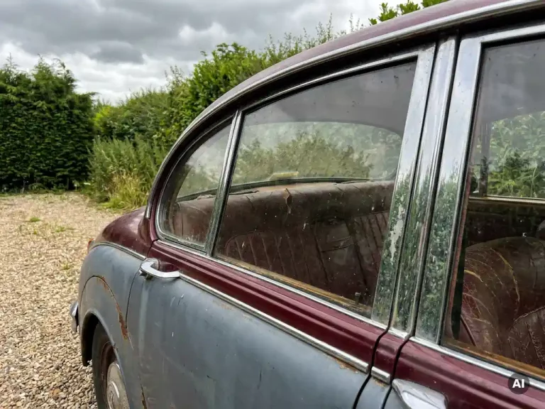 Verweerde klassieke auto met afbladderende chromen details en gebarsten leren interieur, geparkeerd op een oprit naast overwoekerde hagen.
