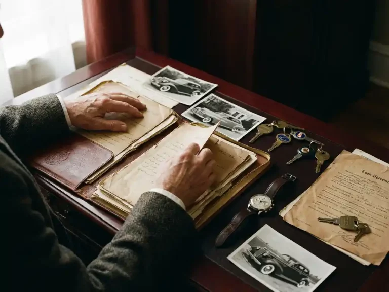 Handen van verzamelaar onderzoeken vintage auto-documentatie op mahonie bureau met klassieke sleutels, foto's en leningspapieren
