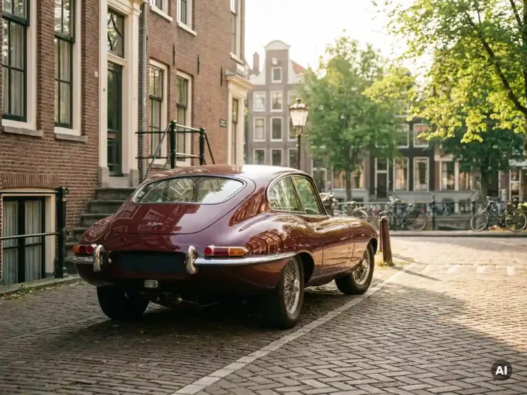 Bordeauxrode vintage Europese sportwagen met chromen details geparkeerd op een keienoprit naast een Hollands grachtenpand in middagzon.