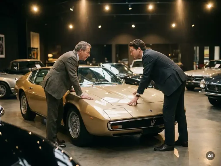 Verzamelaar en dealer in maatpak in gesprek over de motorkap van een glanzende vintage Lamborghini in een luxe showroom.
