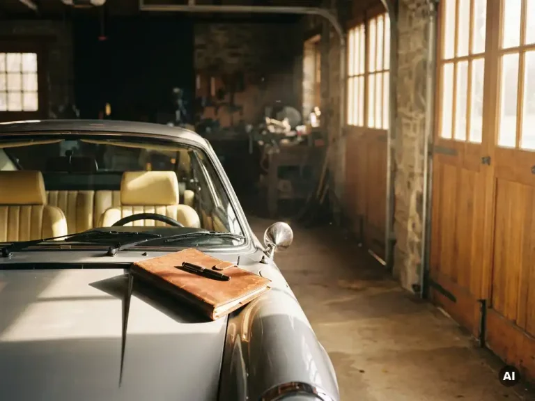 Glanzende vintage Porsche in verlichte garage met leren documentmap en vulpen op de motorkap, gouden middaglicht.