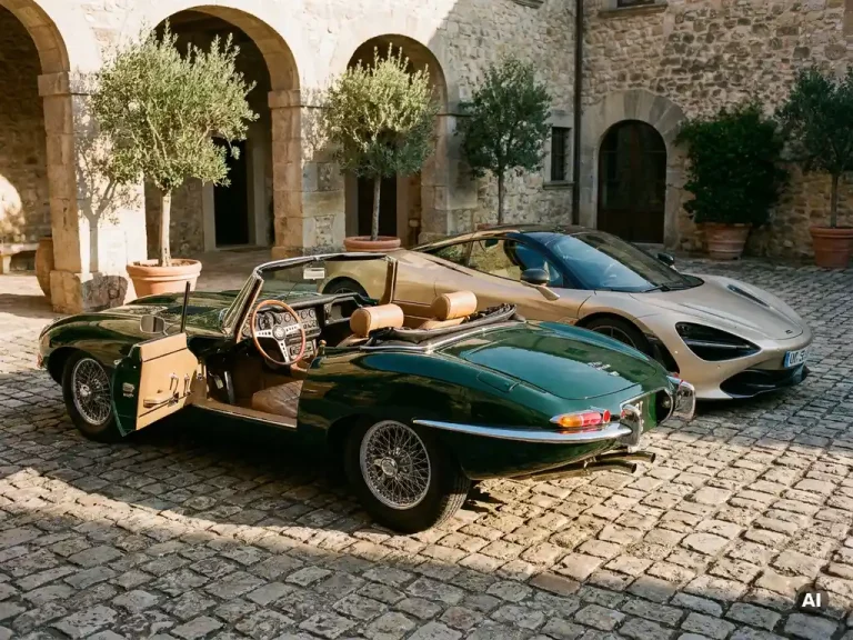 Vintage sportwagen in British racing green met chromen details naast een moderne supercar op een zonnig binnenplaats met kinderkopjes.