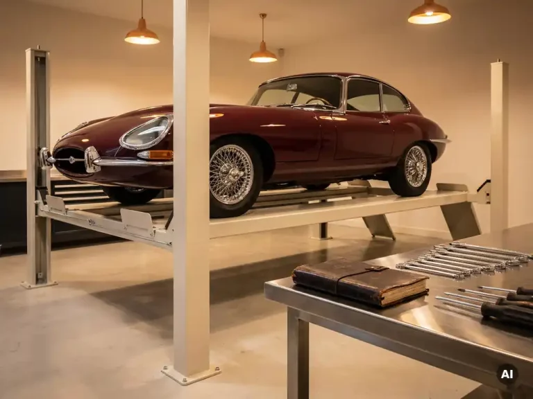 Bordeauxrode vintage sportwagen op hefbrug in luxe garage, met lederen onderhoudsboek en gereedschap op stalen werkbank.