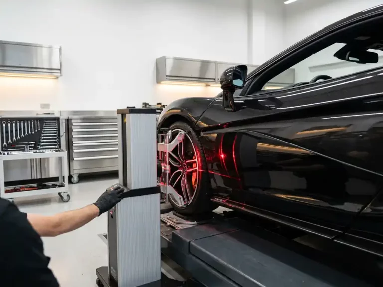 Wieluitlijningsapparaat met rode lasers meet voorwiel van zwarte McLaren sportwagen in luxe witte garage