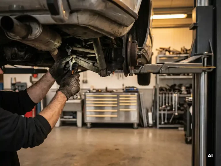 Monteur in handschoenen inspecteert het onderstel van een klassieke Europese youngtimer sportwagen op een hydraulische hefbrug.