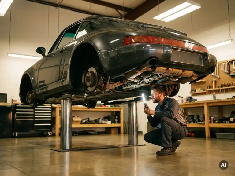 Gecertificeerde monteur inspecteert onderstel van klassieke youngtimer sportwagen op hydraulische lift in professionele werkplaats.