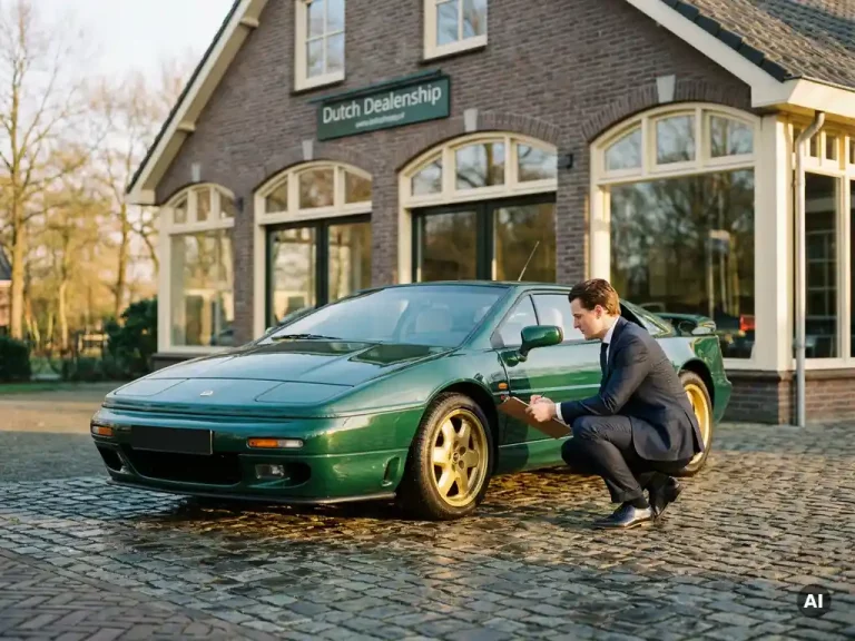 Britse racinggroene youngtimer uit de jaren 90 op oprit bij Nederlands dealerbedrijf, specialist met klembord in gouden middaglicht.
