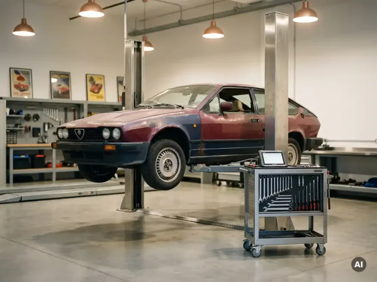 Jaren 80 Europese sportcoupé met gepatineerde lak op hydraulische lift in hoogwaardige werkplaats, gereedschap op stalen trolley ernaast.