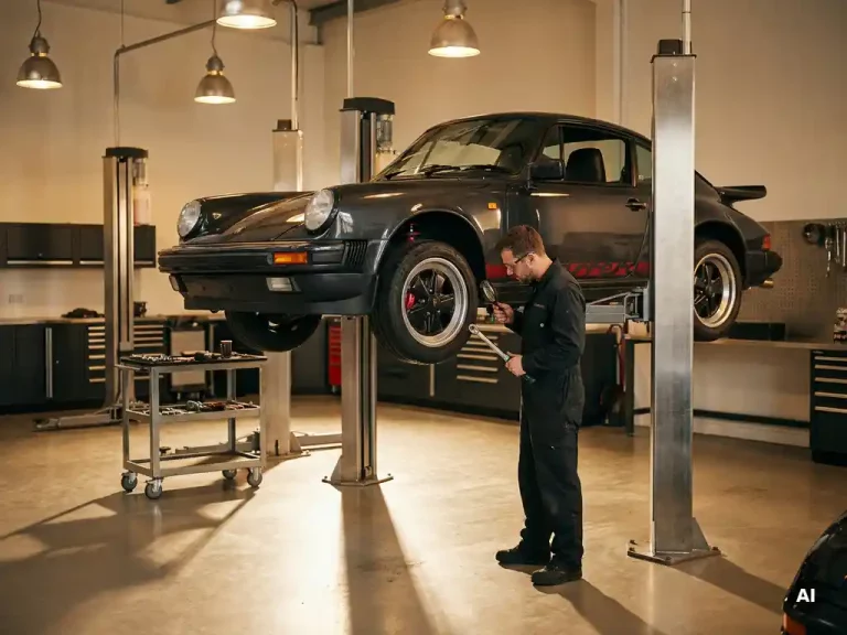 Youngtimer sportwagen op hydraulische lift in luxe werkplaats, technicus inspecteert wielophanging met precisiegereedschap.