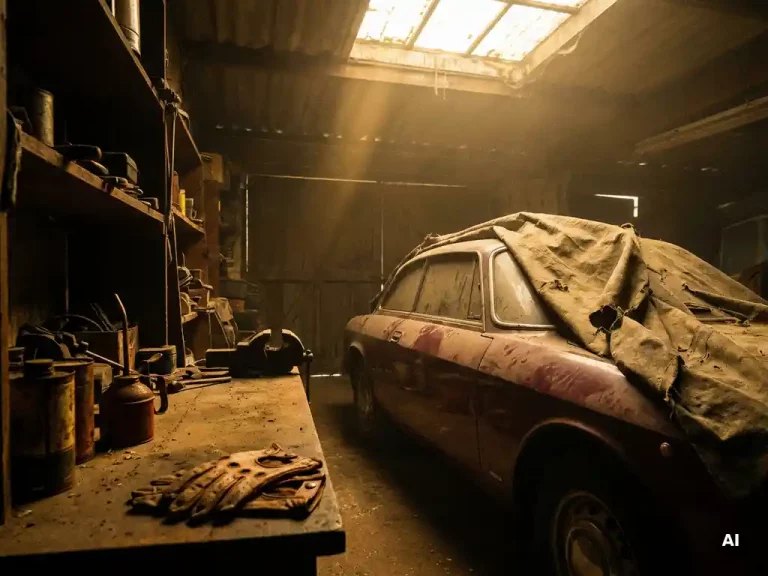 Stofdekzeil over zeldzame jaren 80 sportwagen in donkere garage, omringd door vintage olieblikken en rijhandschoenen, warm amberkleurig licht.