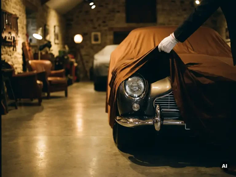 Witte gehandschoende hand onthult glanzende chromen koplamp van zeldzame vintage sportwagen onder zijden afdekdoek in elegante garage.
